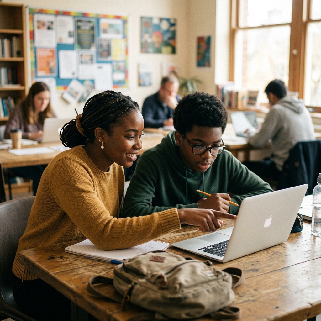 A volunteer mentor helping a student learn digital skills on a laptop